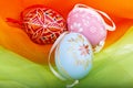 Close-up of Easter eggs on colourful velvet Royalty Free Stock Photo