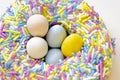 A close up of a Easter Nest Dream Donut with Eggies Royalty Free Stock Photo
