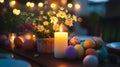 Easter table setting with candle, flowers, and decorated eggs Royalty Free Stock Photo