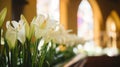 Close-up of Easter lily flowers, blurred background of a springtime church altar