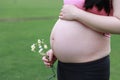 Close-up of Eastern Asian Chiense pregnant woman`s belly, flowers on belly, grass meadows as background in nature outdoor healthy Royalty Free Stock Photo