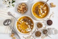 Close-up of edible insects in pumpkin soup