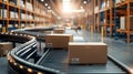 Close-Up of an Efficient Warehouse Supply Chain with Packages on Conveyor Belts in a Modern Distribution Center Royalty Free Stock Photo