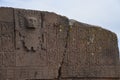 Close-up of elaborate stone carvings and reliefs on the Puerta de Sol Gateway of the Sun, at the Tiwanaku archeological site,