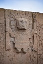 Close-up of elaborate stone carvings and reliefs on the Puerta de Sol Gateway of the Sun, at the Tiwanaku archeological site,