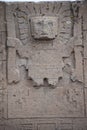 Close-up of elaborate stone carvings and reliefs on the Puerta de Sol Gateway of the Sun, at the Tiwanaku archeological site,