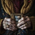 Old woman holding an old photo in her hands. Close up.