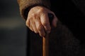 Close-up of elderly hands holding a walking cane, showing aged skin texture and wearing a warm brown jacket Royalty Free Stock Photo