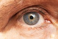 Close-up of an elderly persons blue eye with a golden loop around the iris