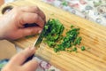 Close-up elderly woman hand Chopping fresh greenery spinach, scallion onion in wooden cutting board. Healthy vitamin Royalty Free Stock Photo