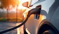 Close up of electric car in EV charging station. Generative AI illustration Royalty Free Stock Photo