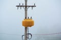 Close up of an electric concrete pole with a transformer