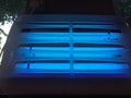 Close up of an electric insect killer glowing in the dark with blue light to attract bugs