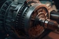 Close-up of an electric motor with a pulley and belt for torque transmission. Royalty Free Stock Photo