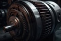 Close-up of an electric motor with a pulley and belt for torque transmission. Royalty Free Stock Photo