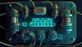 Close-up of electric panel with electrical wires in neon light, ai generation