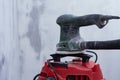 Close-up of electric sander connected to a dust extractor vacuum during wall sanding work. Concept construction tools covered in Royalty Free Stock Photo