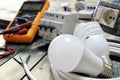 Close-up of electrical components and equipment on aged wooden background Royalty Free Stock Photo