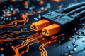Close-up of electrical connectors with glowing circuits, depicting concept of digital technology and connectivity on black Royalty Free Stock Photo