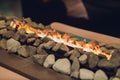 Close-up of electrical fireplace in living room.