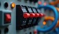 Close up of electrical panel with circuit breakers and red lights. Orange and blue wires connect to the system. Control switches Royalty Free Stock Photo