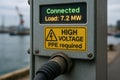 Close-up of electrical panel at harbor showing high voltage warning and energy load display for shore power connection system Royalty Free Stock Photo