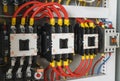 Close-up electrical wiring with fuses and contactors. Royalty Free Stock Photo