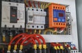 Close-up electrical wiring with timer and contactors