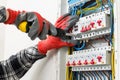 Close up of electrician's hands in working gloves installing and maintainin electrical junction box