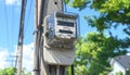 Electricity meter on a pole showing zero reading with trees and blue sky utility pole power meter Royalty Free Stock Photo