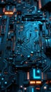 Close-up of electronic circuit board with blue and orange lights, technology and innovation concept Royalty Free Stock Photo