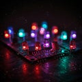 A close-up of an electronic circuit board featuring various colored LEDsâred, blue, an Royalty Free Stock Photo