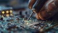 repair of a computer, close up of a computer board soldering with soldering iron by technician Royalty Free Stock Photo