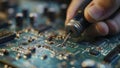 repair of a computer, close up of a computer board soldering with soldering iron by technician Royalty Free Stock Photo