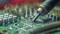 repair of a computer, close up of a computer board soldering with soldering iron by technician Royalty Free Stock Photo