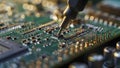 repair of a computer, close up of a computer board soldering with soldering iron by technician Royalty Free Stock Photo