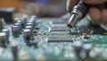 repair of a computer, close up of a computer board soldering with soldering iron by technician Royalty Free Stock Photo