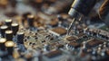 repair of a computer, close up of a computer board soldering with soldering iron by technician Royalty Free Stock Photo