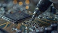 repair of a computer, close up of a computer board soldering with soldering iron by technician Royalty Free Stock Photo