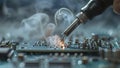 repair of a computer, close up of a computer board soldering with soldering iron by technician Royalty Free Stock Photo