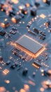 Close up electronic circuits with glowing orange lights and a central processing unit, symbolizing space technologies and advanced Royalty Free Stock Photo