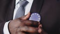 Close up, elegant african american man having european union badge on his suit