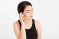 Close up - elegant beautiful asian girl talking with somebody on cellphone Royalty Free Stock Photo