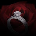 Close up of elegant diamond ring on background of beautiful red rose Royalty Free Stock Photo