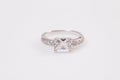 Close up of elegant diamond ring on the white background. Diamond ring