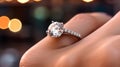 Close up of an elegant engagement diamond ring on woma. Generative AI.