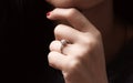 Close up of an elegant engagement diamond ring on woman finger