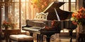 Close up of an elegant grand piano with warm sunlight, luxury, romantic scenery, music instrument