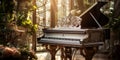 Close up of an elegant grand piano with warm sunlight, luxury, romantic scenery, music instrument