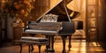 Close up of an elegant grand piano with warm sunlight, luxury, romantic scenery, music instrument